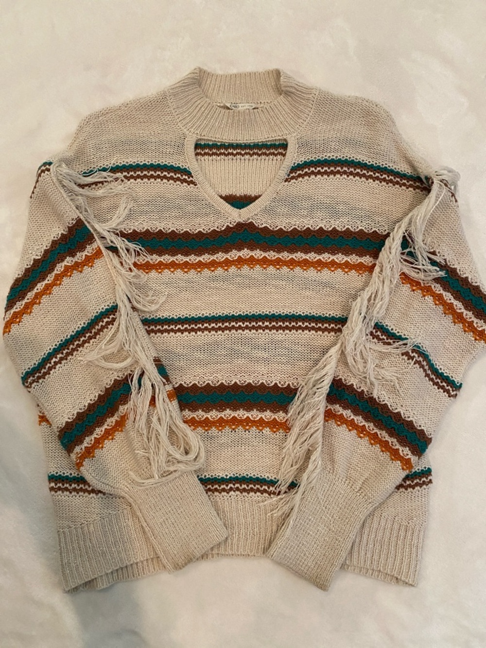 Cato Cream Striped Fringe Sweater with Teal and Rust Accents